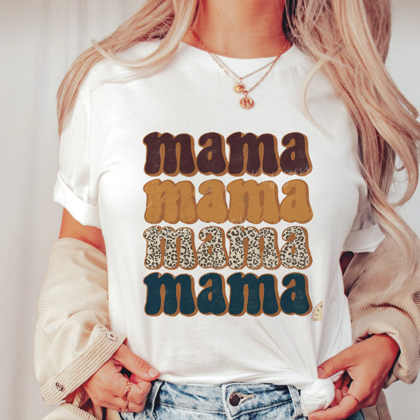 Wholesale Polyester Mama Mother's Day Printed Pattern Round Neck Short Sleeves